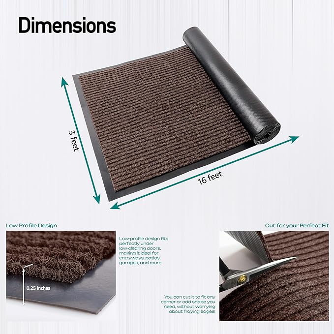 MaxMat® Heavy Duty Industrial Mat - XL Size, Waterproof, Low-Profile, Commercial Entry Door Mat (3 x 16 Feet, Brown, MXM-RIB0316BR)