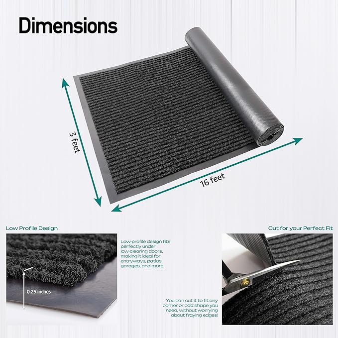 MaxMat® Oversized Rubber Door Mat - Heavy Duty, Waterproof, Low-Profile, Easy to Clean, Commercial Floor Mat (3 x 16 Feet, Black, MXM-RIB0316BK)