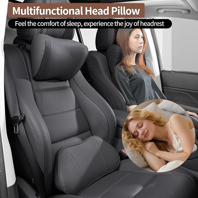 Car Headrest Pillow 100% Memory Foam, Breathable Removable Leather Cover, Premium Seat Support Head Neck Cushion for Driving Travel Home Office, Black, 2 Pack