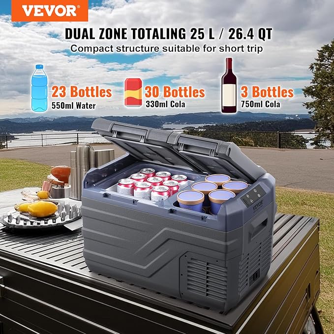 VEVOR NLS35, 12 Volt Car Refrigerator Fridge, 25Liter(26.4qt) Dual Zone Portable Freezer, -4℉-68℉ Adjustable Range, 12/24V DC and 100-240V AC Compressor Cooler for Outdoor, Camping, RV, Grey