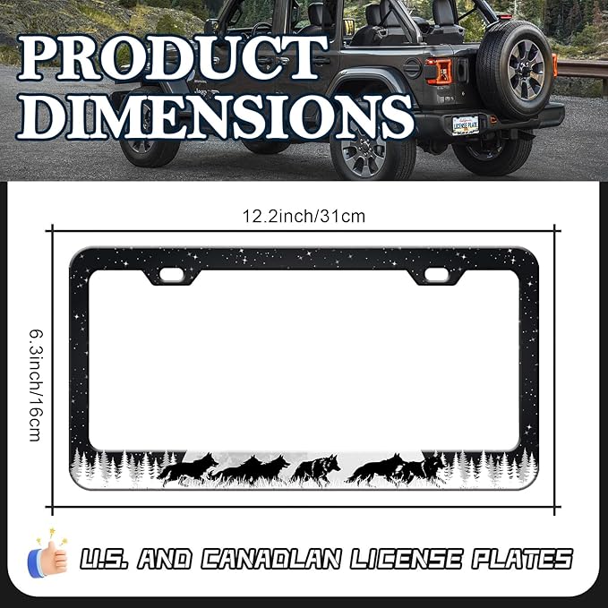 Moon Forest Wolf License Plate Frames - 2 Pack Cool Starry Sky License Plate Holder, Stainless Steel Rust-Proof Waterproof Car Decorative Tag Frame with Screws Fasteners Caps