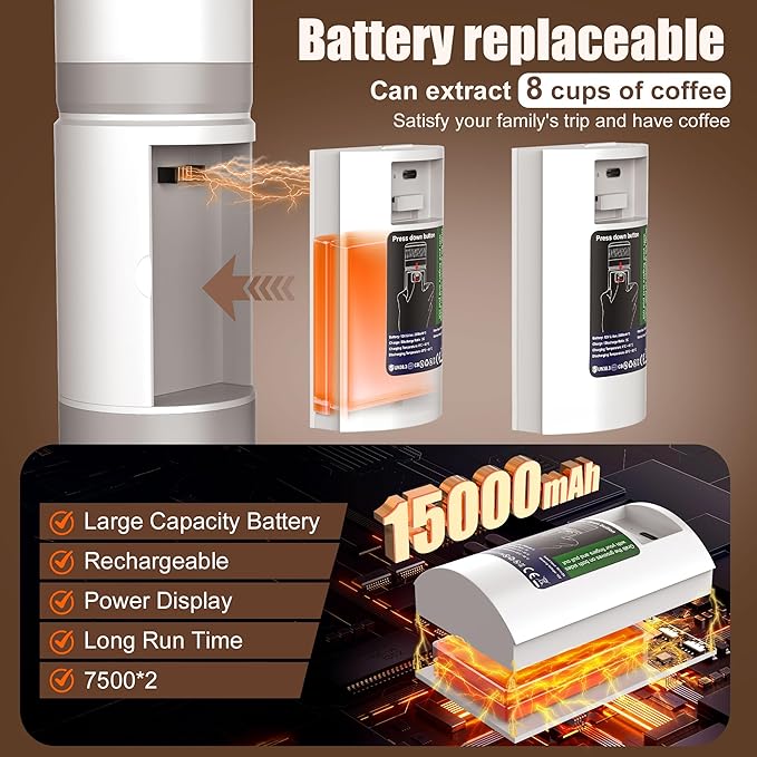 Portable Coffee Machine with 2 Removable rechargeable Batteries 15,000mAh, Electric Coffee Maker for Camping & Travel, 80ml Hot/Cold Coffee, 20bar, USB-C Espresso Machine, Camping Coffee Makers White