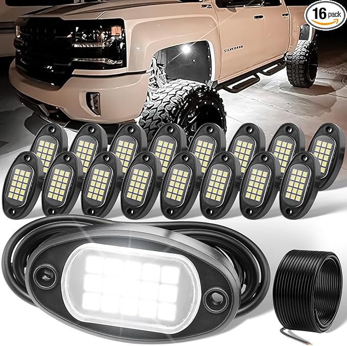 YONEDA 16 Pods White Rock Lights 6000K Ultra Bright LED Neon Underglow Lights IP68 Waterproof for Trucks SUV UTV ATV RZR Car Boats Pickup Motorcycle with 39.37in Extension Wire