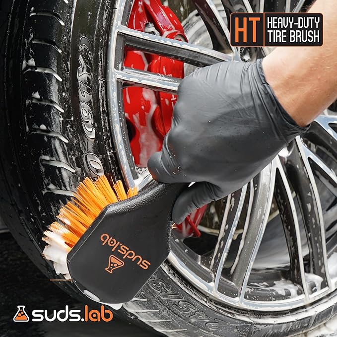 SudsLab HT Wheel and Tire Brush - Rim Cleaner Wheel Brush for Cleaning Car, Truck, Auto, Motorcycle, Detailing Tools, Curved Shape, Black, 8.5 Inch x 3 Inch x 3 Inch