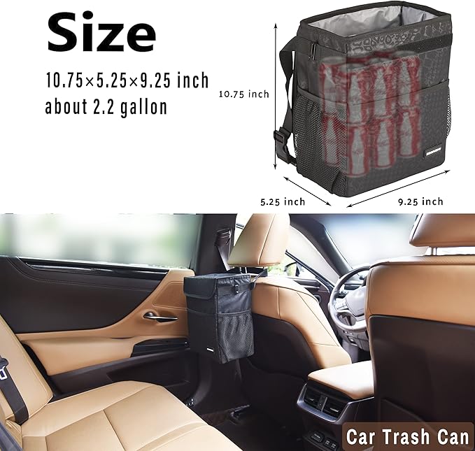 Cute Car Trash Can with Lid – Multipurpose Collapsible Trash Bin for Car, Leak-Proof Organizer, Waterproof Garbage Can with Storage Pockets & Adjustable Straps, 2 Gallons (Black Leopard)
