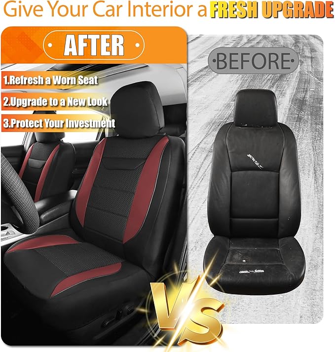 kingphenix 2PCs Memory Foam Leather Car Seat Covers, Breathable 4D Mesh, Easy Install Automotive Seat Protectors, Airbag Compatible, Universal Fit for Cars, Trucks, Vans, SUV - Red