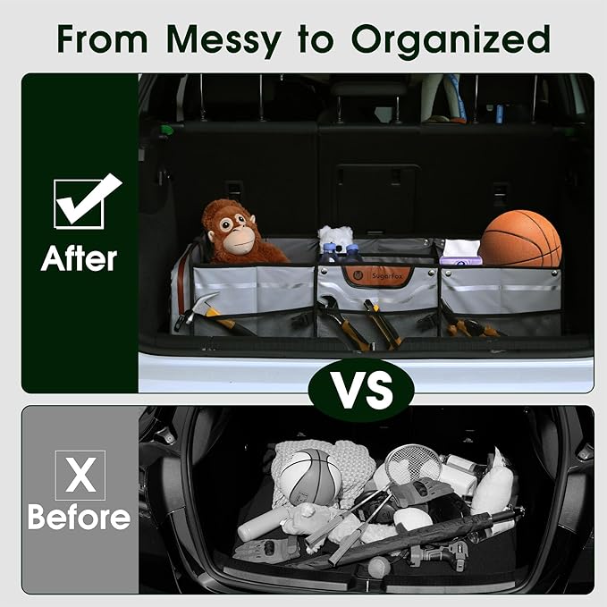 Trunk Organizer, Heavy-Duty Storage for Car & SUV, Foldable Waterproof Car Organizer with Cooler, Collapsible Multi-Compartment Storage, 95L, Grey-M003