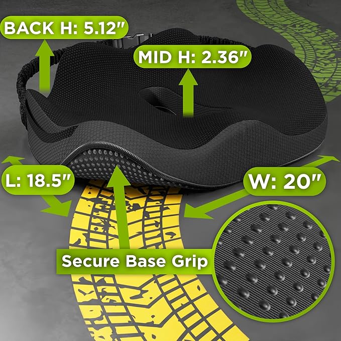 Large Truck Seat Cushion for Truck Driver Seat Cushion - Upgraded Back Support, CertiPUR-USยฎ Certified - Thick Memory Foam, Pain Relief for Hours of Driving, Trucker Approved Big Rig - Black