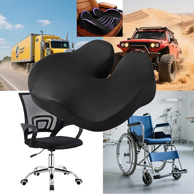 Memory Foam Seat Cushion for Office Chair, Car, Wheelchair – Coccyx Tailbone Support Pad for Sciatica & Back Pain Relief, Ergonomic Chair Cushion for Home, Travel, Work Desk (Black)