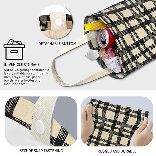 Cute Car Trash Can, Hanging Canvas Car Back Seat Organizer and Storage Bag, Funny Car Trash Bag for Travelling, Outdoor Cute Beige Black Plaid