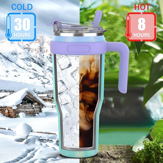 Zukro 40 oz Tumbler With Handle And Straw, Leak-proof Closable Flip Straw Lid, Insulated Stainless Steel Coffee Cup for Hot and Cold Drinks, Travel Mug Fit in Cup Holder, Dishwasher Safe