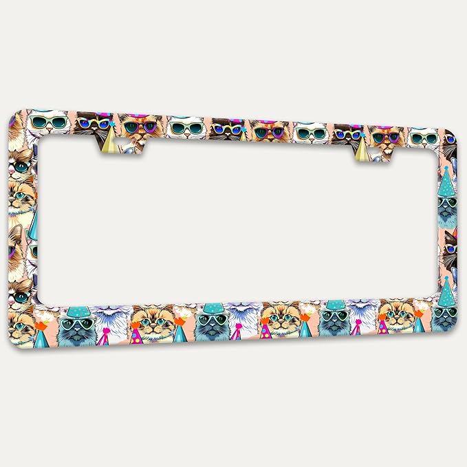 Funny Cat License Plate Frame Pet Cartoon License Plate Holders Stainless Steel Auto Accessory Bracket 2 Hole with Screws Universal Us Car License Plate Frames 6x12 Inch for Women Men
