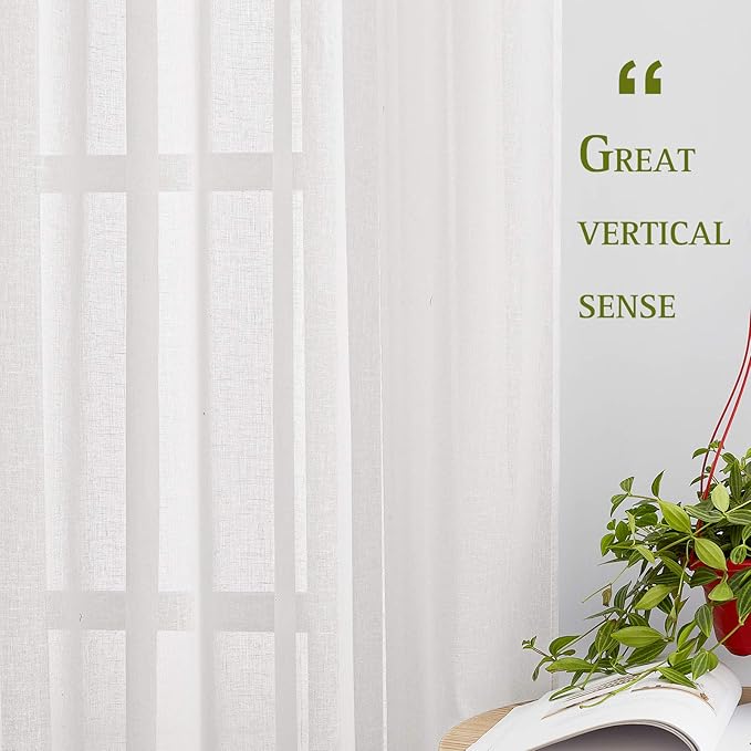NICETOWN White Linen Sheer 90 inch Curtains for Living Room, Grommet Semi Sheer Window Treatment Linen Blend Privacy with Light Filtering Drapes for Farmhouse/Cottage, W36 x L90, 2 Panels