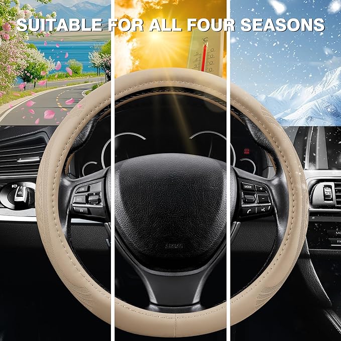【2025 Model】 Premium Nappa Leather Car Steering Wheel Cover for Men Women, Non-Slip, Breathable, Universal 15 inches Steering Wheels, Beige