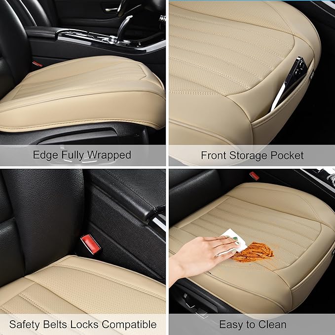 2 Pack Front Car Seat Bottom Covers, Universal Auto Seat Cushions, Nappa Leather Full Wrapping Edge Compatible with Most of Vehicles - SUVs/Sedans/Pickup Trucks, Beige