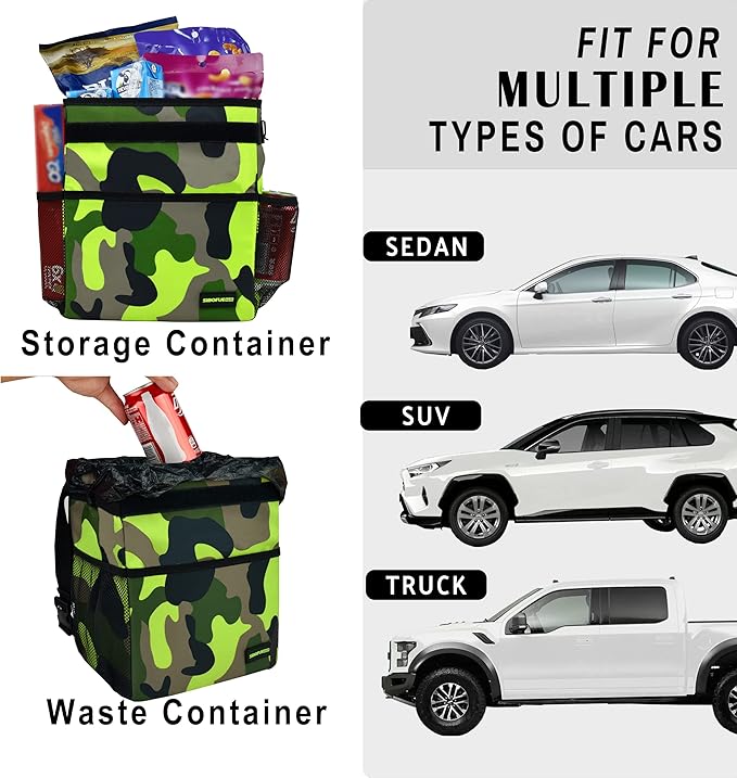 Cute Car Trash Can with Lid – Multipurpose Collapsible Trash Bin for Car, Leak-Proof Organizer, Waterproof Garbage Can with Storage Pockets & Adjustable Straps, 2 Gallons (Camo Green)