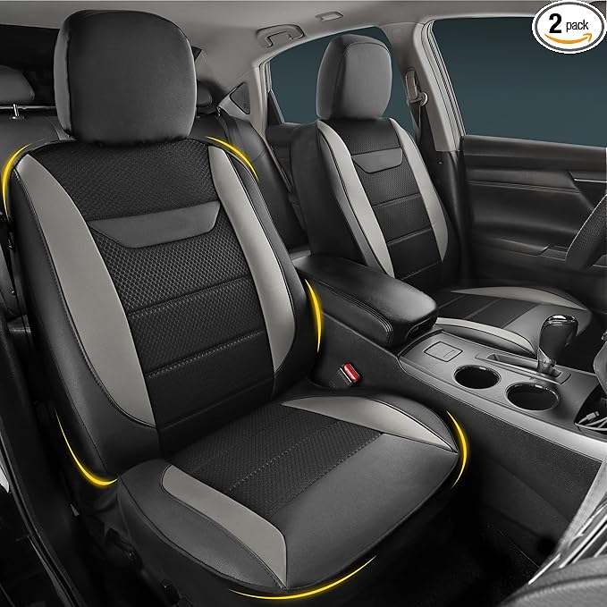 kingphenix 2PCs Memory Foam Leather Car Seat Covers, Breathable 4D Mesh, Easy Install Automotive Seat Protectors, Airbag Compatible, Universal Fit for Cars, Trucks, Vans, SUV - Gray
