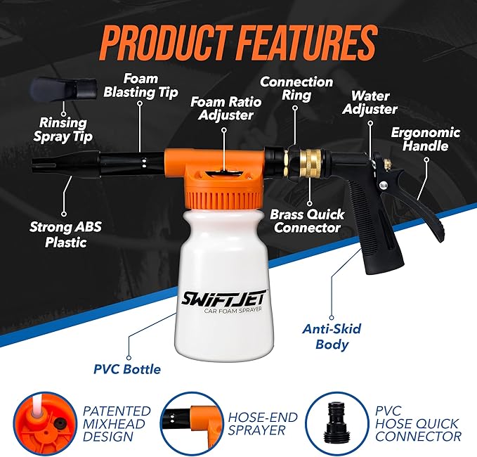 SwiftJet Car Wash Foam Gun + Microfiber Wash Mitt - Foam Cannon Works with Any Soap - Garden Hose Car Foam Sprayer - Car Wash Kit - Car Accessories Foam Blaster (Orange Foam Gun with Mitt)