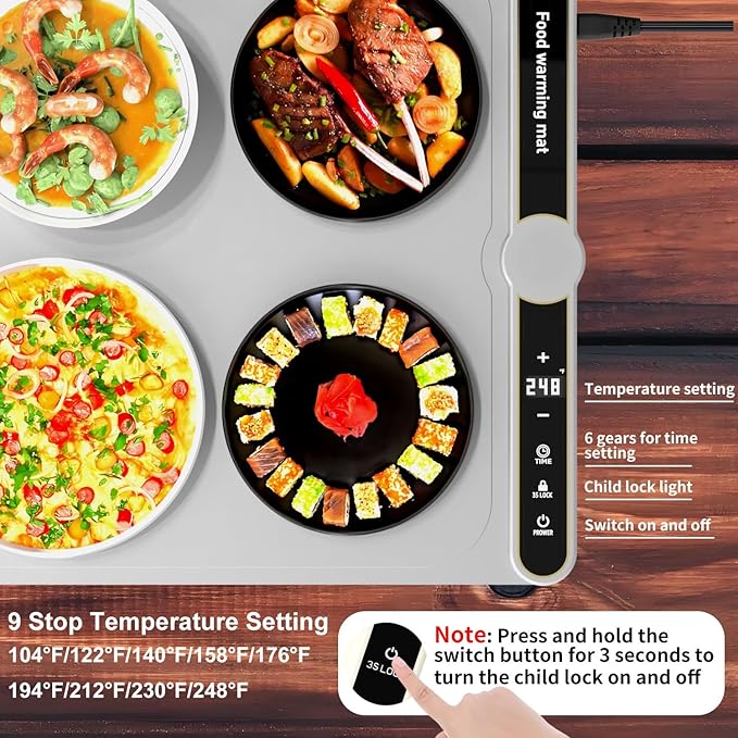 Warming Mat for Food, Food Warmers for Parties Buffet, 9 Temp Levels, Timer, Waterproof, Heat Insulating, Dishwasher-Safe, for Home, Bread Dough to Rise(Gray)