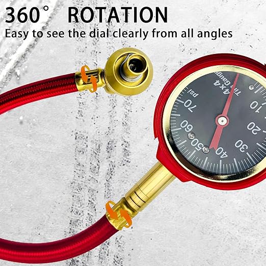 SUVCARMPING 60/70 PSI Tire Pressure Gauge Accurate Air Pressure Gauge (±1%), for Tires with Large Glow Dial, Valve Cap and Valve Core Tool, Red