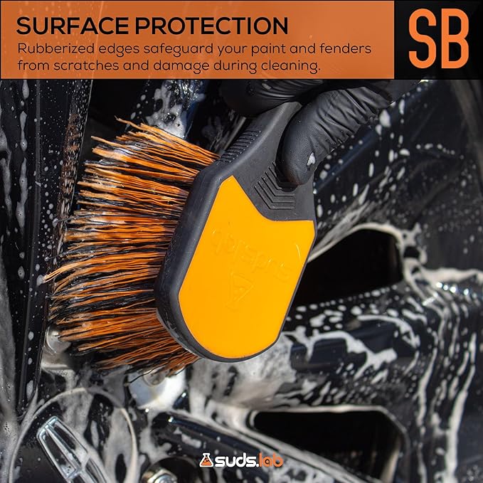 Suds Lab Wheel Spoke Brush Rubberized Handle Soft Bristle Car Detailing Wheel Brush, Rim, Wheel, Dust Cleaner Brush