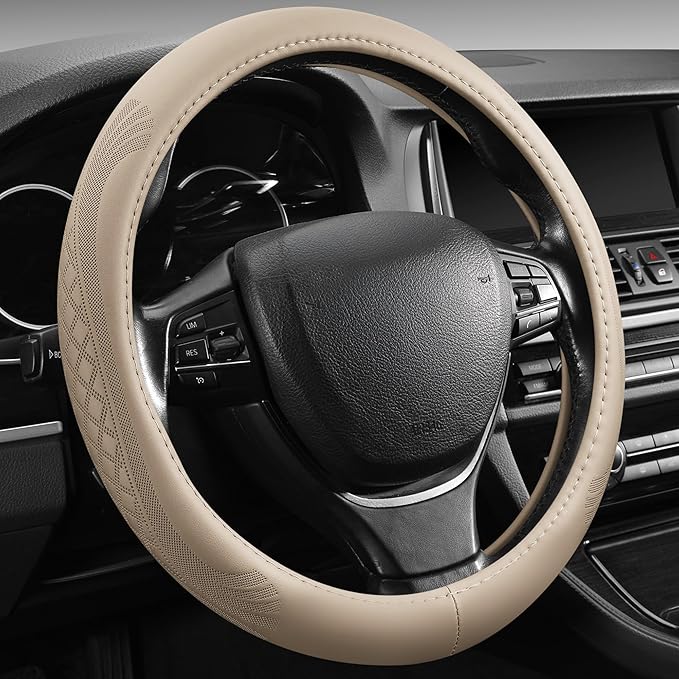 【2025 Model】 Premium Nappa Leather Car Steering Wheel Cover for Men Women, Non-Slip, Breathable, Universal 15 inches Steering Wheels, Beige