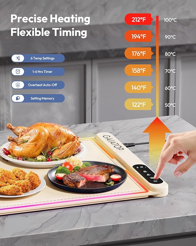 Gaiatop Food Warmers for Parties Buffet with RGB Edge, Electric Warming Mat for Countertop, 6 Temp Level 122℉-212℉, 6 Timer Settings, Full-Surface Fast Heating, Portable Silicone Food Warmer, Cream