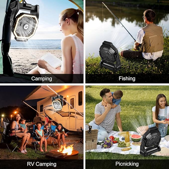 Odoland Rechargeable Camping Fan, 20000mAh Battery Fans with LED Lantern for Tent Car Beach Storm, Portable Light Desk Cooling Fan for Picnic Power Outage Hurricane, Black