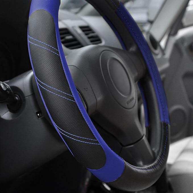 Elantrip Steering Wheel Cover Leather 15 1/2-16 inch Universal Padded Soft Grip Breathable for Car Truck SUV Jeep Anti Slip Blue and Black