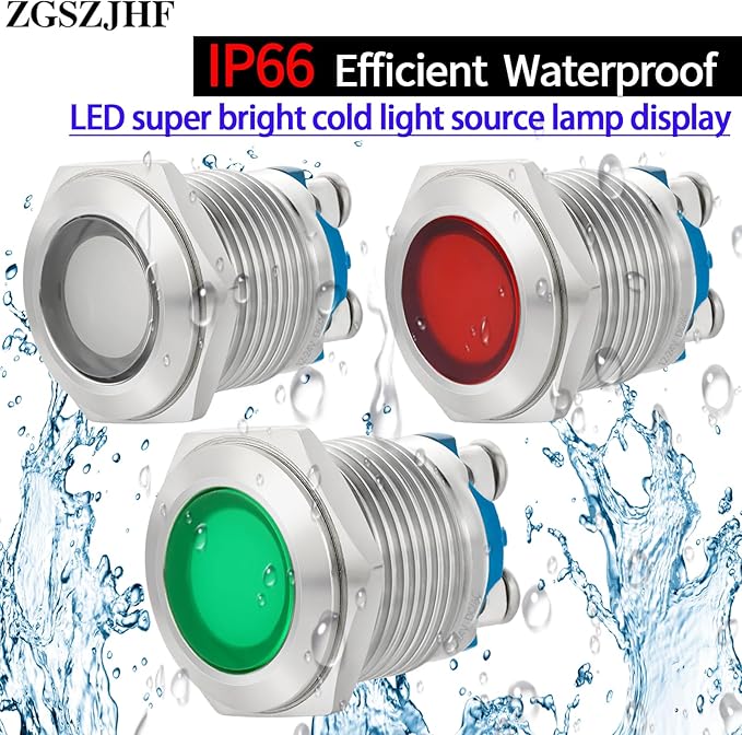 (2 Pcs) Signal Light 16mm 5/8" Indicator Light LED 12V/24V DC/AC Pilot Lamp Waterproof IP67 Metal Stainless Steel 304 Screw Pin