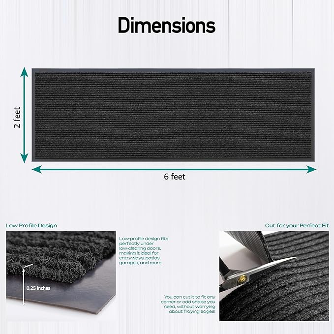 MaxMat® Commercial Floor Mat - Heavy Duty, Large Sizes, Indoor/Outdoor, Waterproof, Low-Profile, Easy to Clean Doormat (6 x 2 Feet, Black, MXM-RIB0026BK)
