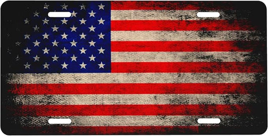 Front License Plate Vintage American Flag Vanity Plates Aluminum Metal Decorative Car Tag Novelty License Plate Cover for Men Women 6 * 12 in (4 Holes)