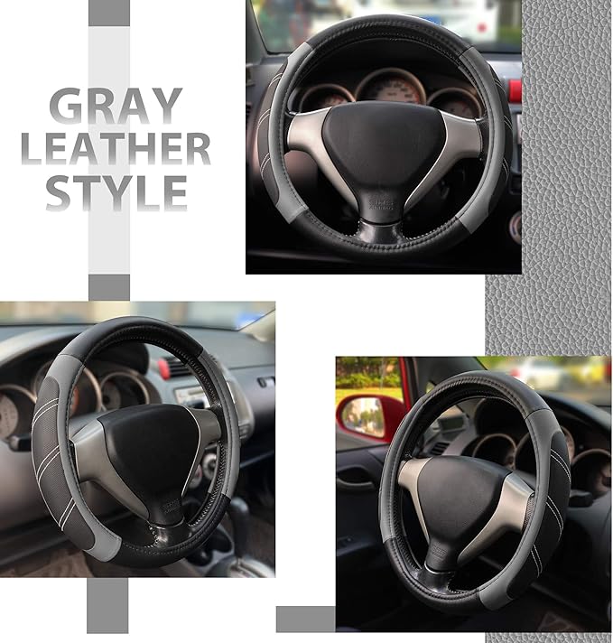 Elantrip Sport Leather Steering Wheel Cover 14 1/2 inch to 15 inch Universal, Padded Soft Grip Breathable for Car Truck SUV Jeep, Anti Slip Odorless Black and Gray