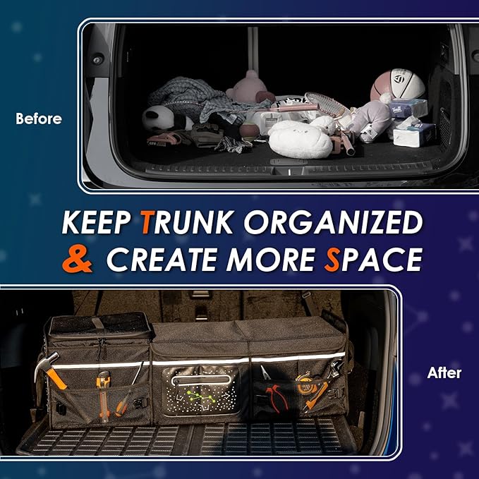 Trunk Organizer | 95L (35"x13.8"x11.8") | 26L Ice Pack Included | Fluorescent Constellation Design | Waterproof, Foldable with Adjustable Straps | for SUVs/Cars - Black-M004