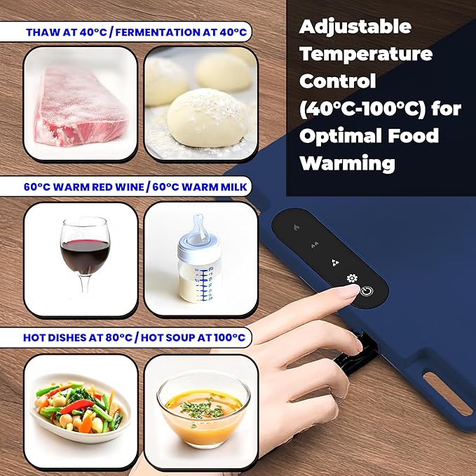 OMEO Food Warming Mat - Electric Warming Tray with 3 Temperature Settings and 1-4 Hours Timer, Full Surface Graphene Food Warmer, Premium Rollable Silicone Heating Mat Food, Gatherings, Parties(Blue)