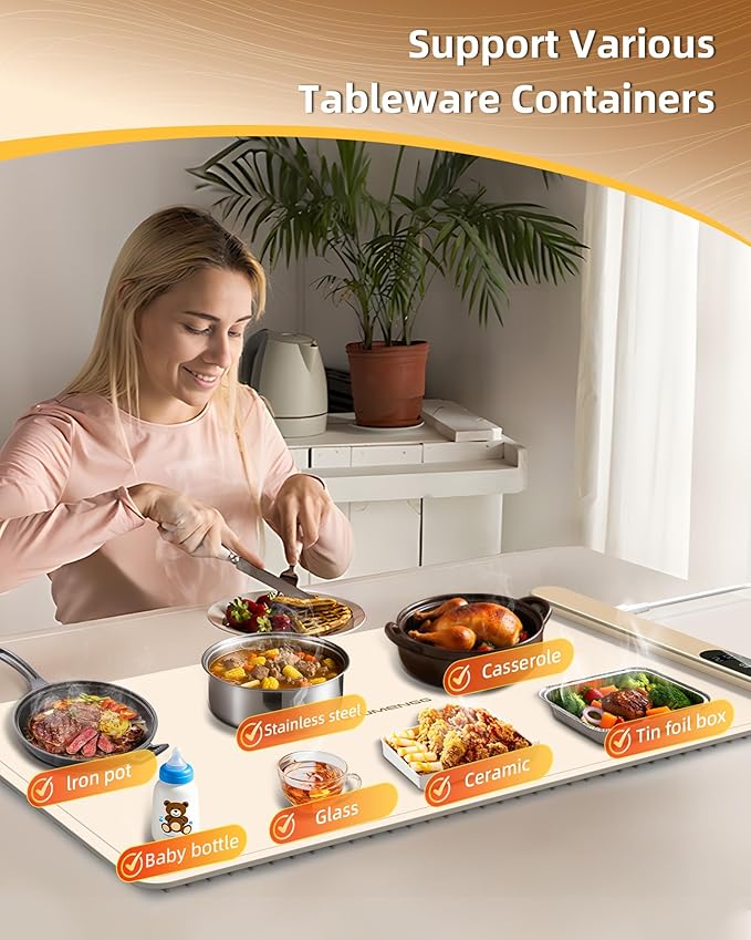 Warming Mat For Food 500W Graphene High-Tech 5s Rapid Food Warming Mat,6-Temp And 6h Timer Food Warmer,Auto Shut Off Chafing Dishes For Buffet,Roll Up Food Warmers For Parties Buffet White