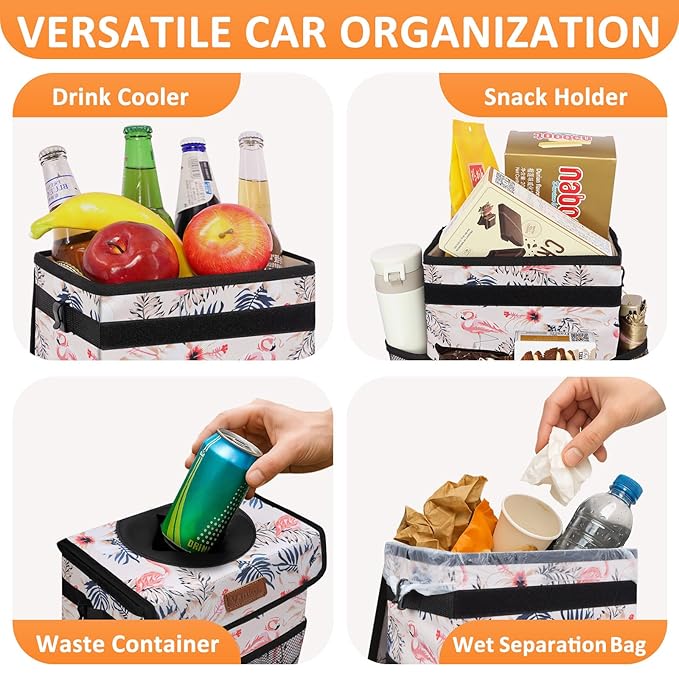 Cute Car Trash Can, Car Accessories for Women Interior Can Trash Bag Hanging Automotive Garbage Cans Pink Flamingo