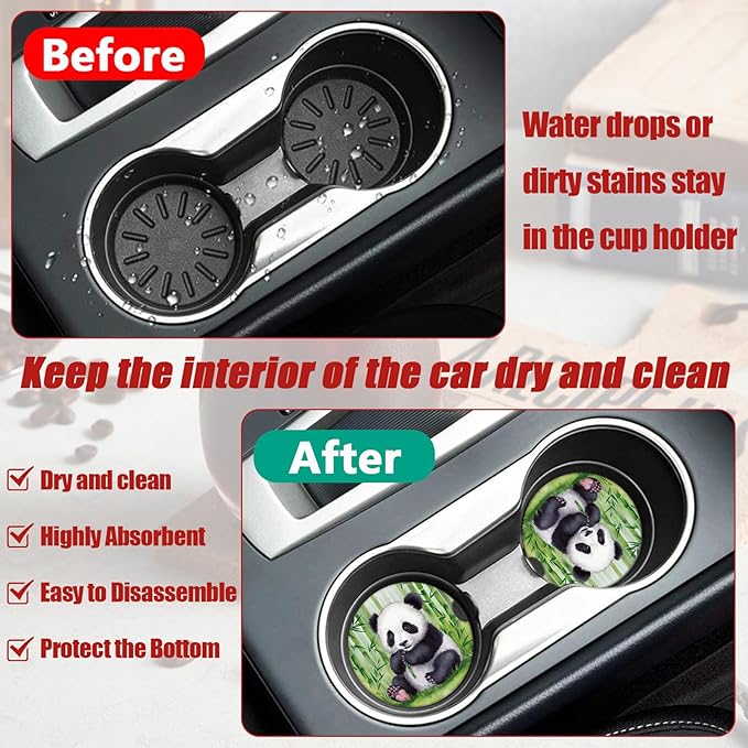 Cute Panda Car Coasters for Cup Holders, Absorbent Ceramic Car Coaster Car Cup Holder Coaster Car Accessories for Women Men (2 Pack)
