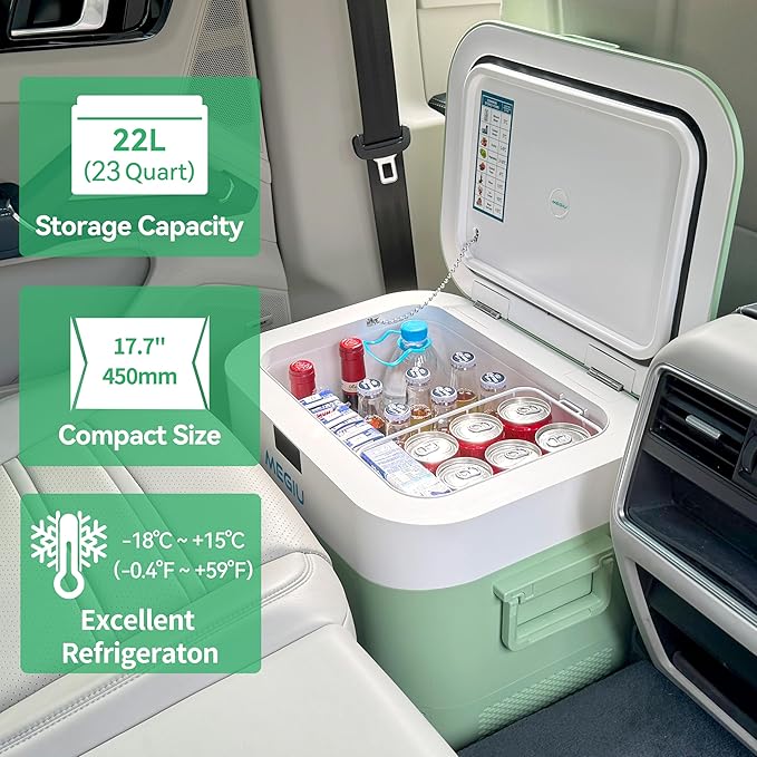 Car Fridge Portable 12 Volt Refrigerator 23 Quart (22 Liter) Freezer Compressor Cooler 12V/24V DC 110~240 V AC for Outdoor, Camping, Travel, Home Use -18℃~+15℃ (Green)