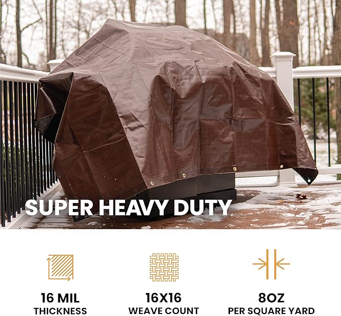 WHITEDUCK Super Heavy Duty Poly Tarp Cover 16 Mil & 10 Mil with Grommets and Reinforced Edges (Brown, White & Silver Black) (Brown- 16 Mil, 6' x 8')