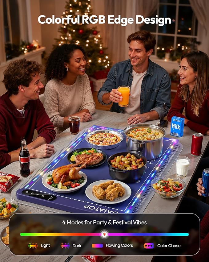 Gaiatop Food Warmers for Parties Buffet with Trivet, RGB Edge, Electric Warming Mat for Countertop, 6 Temp Level 122℉-212℉, 6 Timer Settings, Full-Surface Fast Heating, Portable Silicone Food Warmer