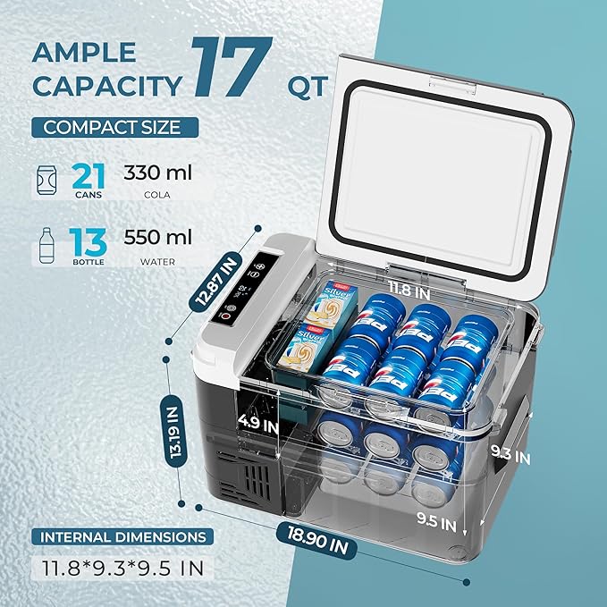 EUHOMY 12 Volt Refrigerator, 17 Quart (15L) Compressor Electric Cooler APP Control, Car Fridge 12/24V DC & 120-240V AC, Car Refrigerator -4℉~68℉, Portable Freezer for RV, Travel, Camping