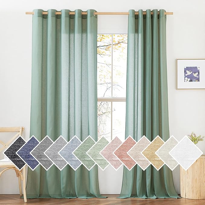 NICETOWN Linen Curtains Flax Sheer Texture for Living Room, Grommet Semi Sheer Vertical Drapes Privacy with Light Filtering for Bedroom/Patio Door, W70 x L96, Olive Green, 1 Pair