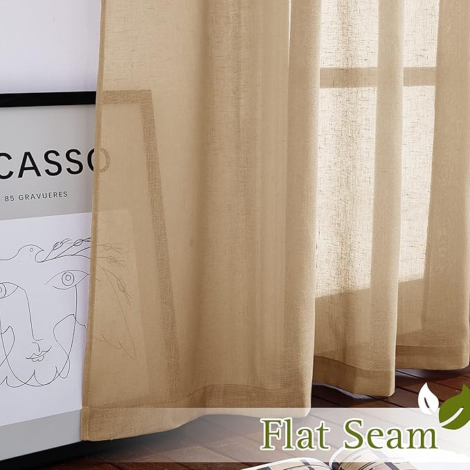NICETOWN Linen Textured Semi Sheer Bedroom Curtains, Grommet Top Casual Thick Semitransparent Flax Sheer Window Treatment Privacy for Living Room, Camel, W52 x L72, Sold by 2 Panels