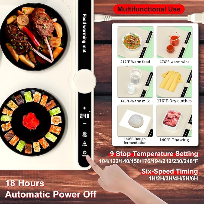 Warming Mat for Food, Food Warmers for Parties Buffet, 9 Temp Levels, Timer, Waterproof, Heat Insulating, Dishwasher-Safe, for Home, Bread Dough to Rise
