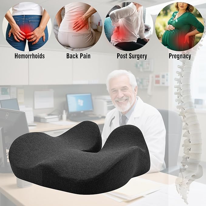 Memory Foam Seat Cushion for Office Chair, Car, Wheelchair – Coccyx Tailbone Support Pad for Sciatica & Back Pain Relief, Ergonomic Chair Cushion for Home, Travel, Work Desk (Dark Gray)