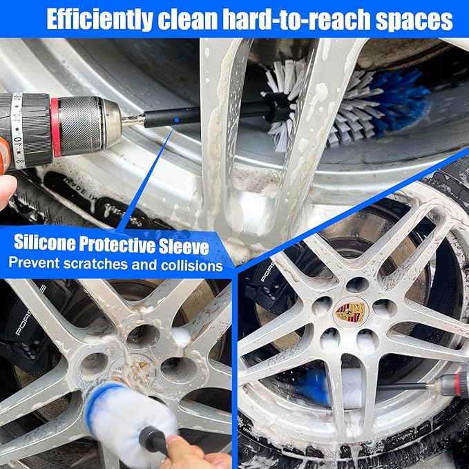 Car Wheel Brush Kit, Soft Drill Wheel Cleaner Brush, Tire Brush, Detailing Brush, and Detailing Pads, No Scratches Car Wheel Cleaning Kit for Wheels, Tires, Rims, Engines, Exhaust(Blue+White, 6 Pack)