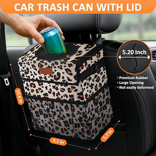 Cute Car Trash Can, Car Accessories for Women Interior Can Trash Bag Hanging Automotive Garbage Cans Leopard Pattern