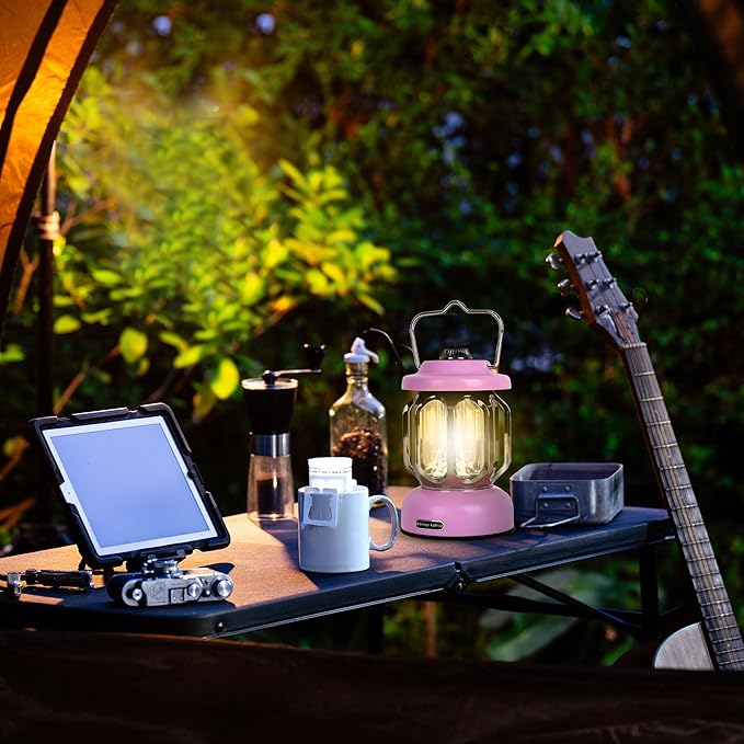 Rechargeable LED Camping Lanterns, Vintage Camping Lights Battery Operated, Portable Retro Metal Glamping Lights for Hiking, Hurricane, Decoration, Power outages, Pink, 2 Pack
