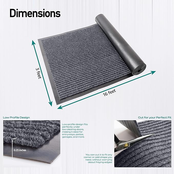MaxMat® Oversized Rubber Door Mat - Heavy Duty, Waterproof, Low-Profile, Easy to Clean, Commercial Floor Mat (3 x 16 Feet, Grey, MXM-RIB0316GR)
